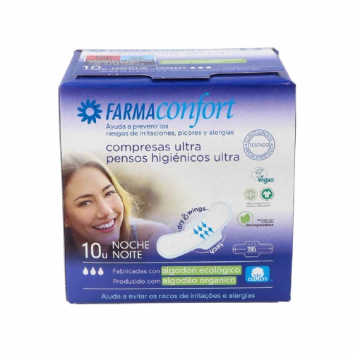 Compresas ultrafinas 100% algodon - farmaconfort (noche alas 10 u)