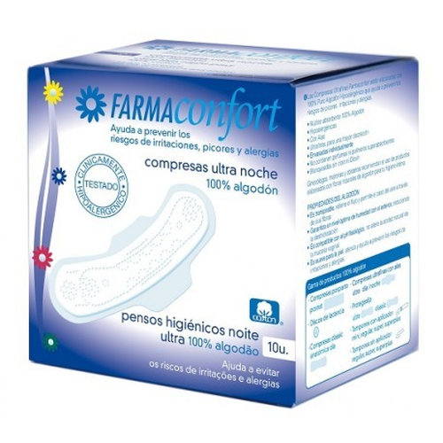 Compresas ultrafinas 100% algodon - farmaconfort (noche alas 10 u)